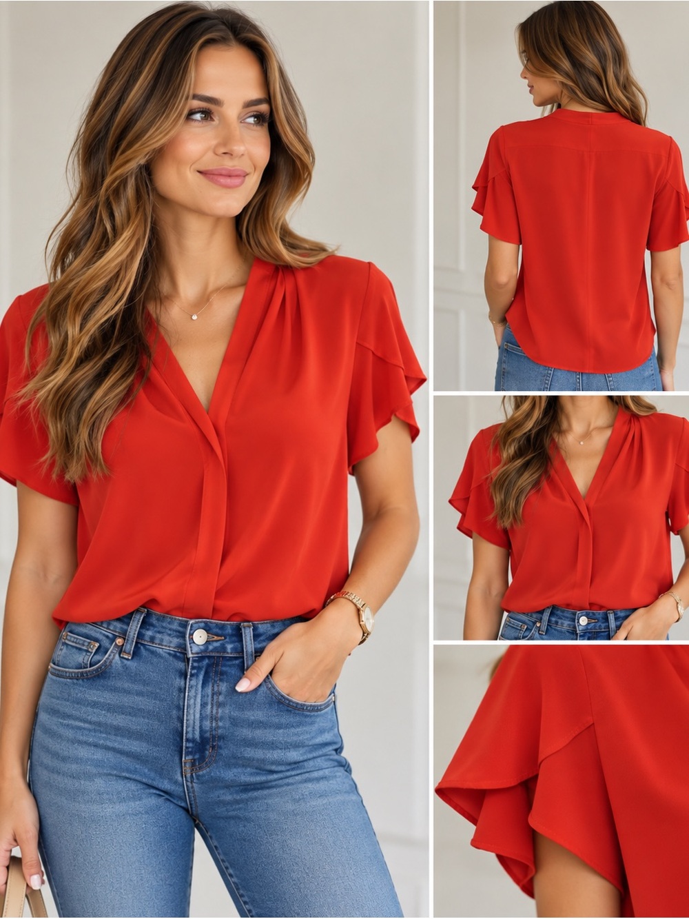 Calvin Klein V-Neck Pleated Tulip Sleeve Blouse in Coral - Size S